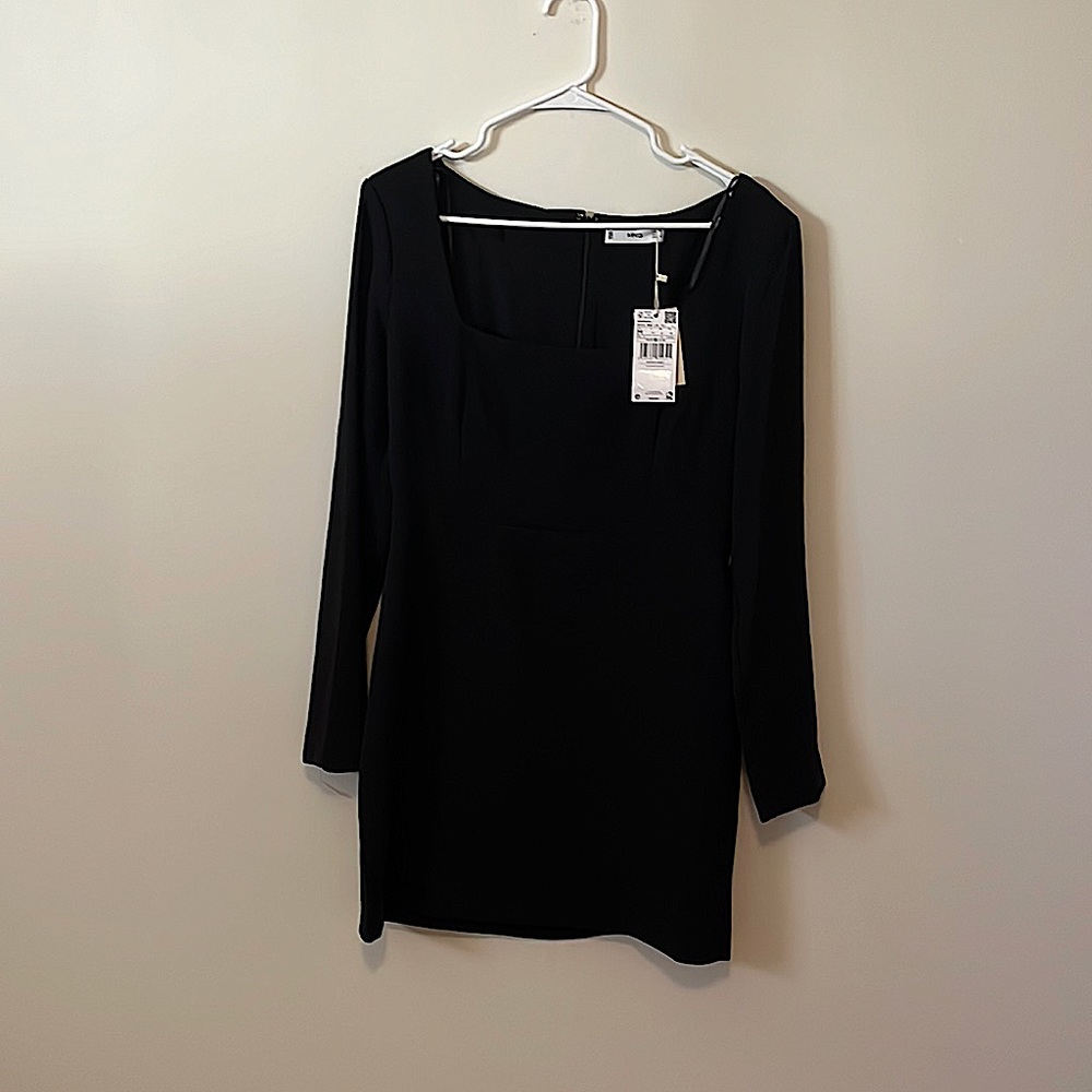 Square neck mini black dress w/long sleeves